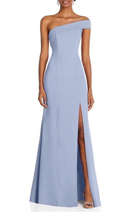 after six one shoulder evening gown|More.